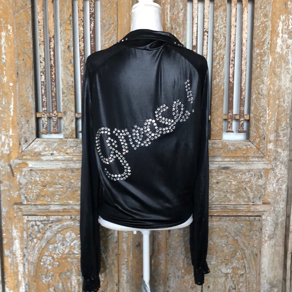 GREASE BLACK STUDDED TIE FRONT STRETCHY TOP L
